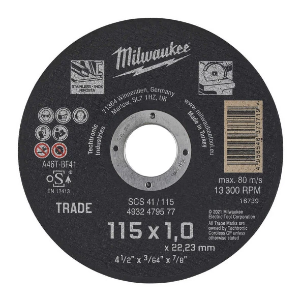Milwaukee Taş Metal Kesme Taşı Inox Scs41 115*1mm 4932479577 ürün görseli 1