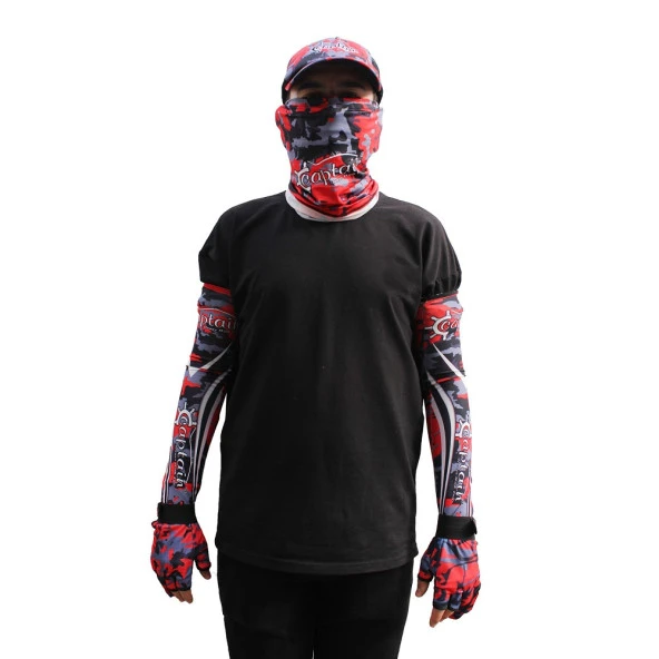 Captain Fisherman Style Camo Red SET Cap+Eldiven+Kolluk+Buff ürün görseli 1