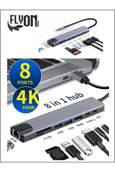 8 In 1 type-c 3.1 4K HDMI Adaptörü ile SD/TF Kart Okuyucu PD Hızlı Şarj için  Ethernet Girişli ürün görseli 1
