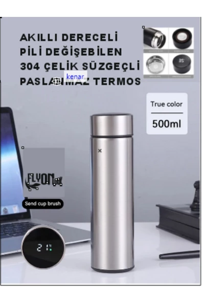 Derece Göstergeli  Çelik  Termos Pili Değişebilen Kamp,Araç,Ofis Süzgeçli Yeni Nesil Akıllı Mug ürün görseli 1