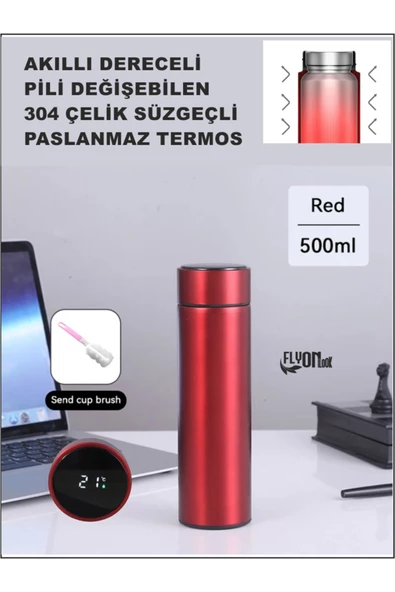 Derece Göstergeli  Çelik  Termos Pili Değişebilen Kamp,Araç,Ofis Süzgeçli Yeni Nesil Akıllı Mug ürün görseli 1