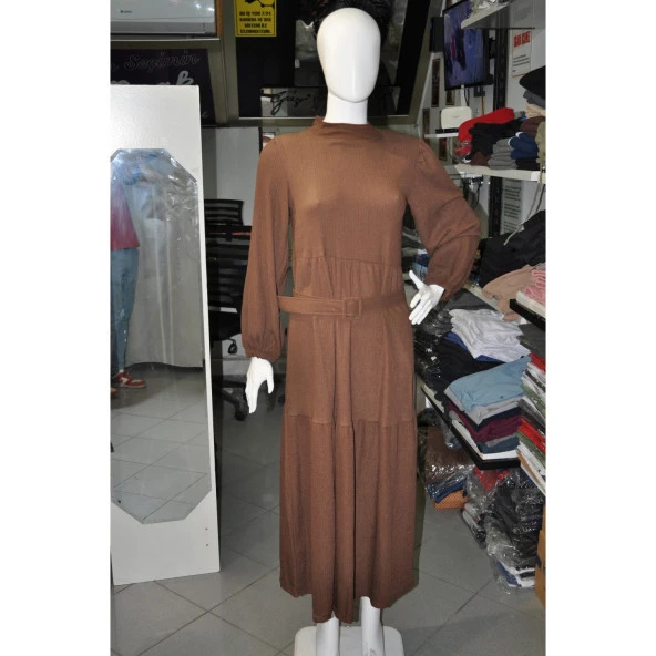 KAHVE RENGİ UZUN ELBİSE - Resim 2