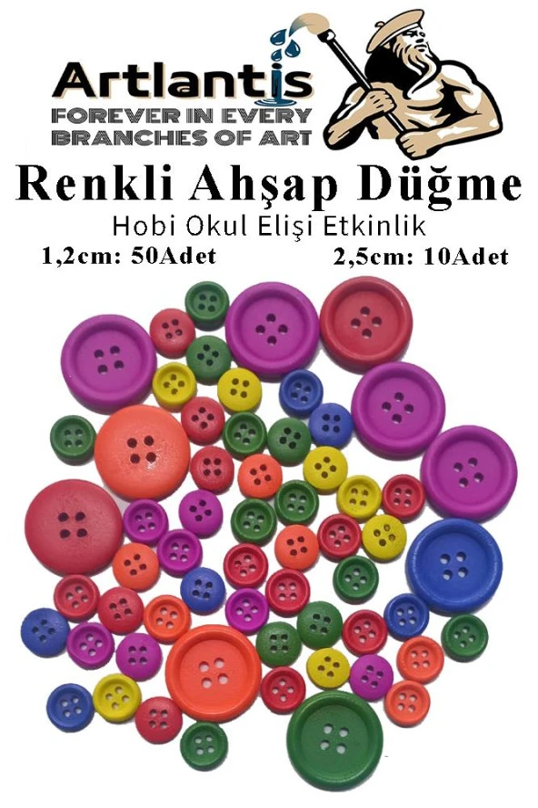 Renkli Düğme Ahşap 60 Adet 1 Paket Okul Kreş Sanat Etkinlik Anasınıfı 1,2cm 50 Adet 2,5cm 10 Adet ürün görseli 1