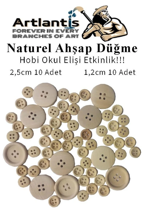 Düğme Naturel Ahşap 60 Adet 1 Paket Okul Kreş Sanat Etkinlik Anasınıfı 1,2cm 50 Adet 2,5cm 10 Adet ürün görseli 1