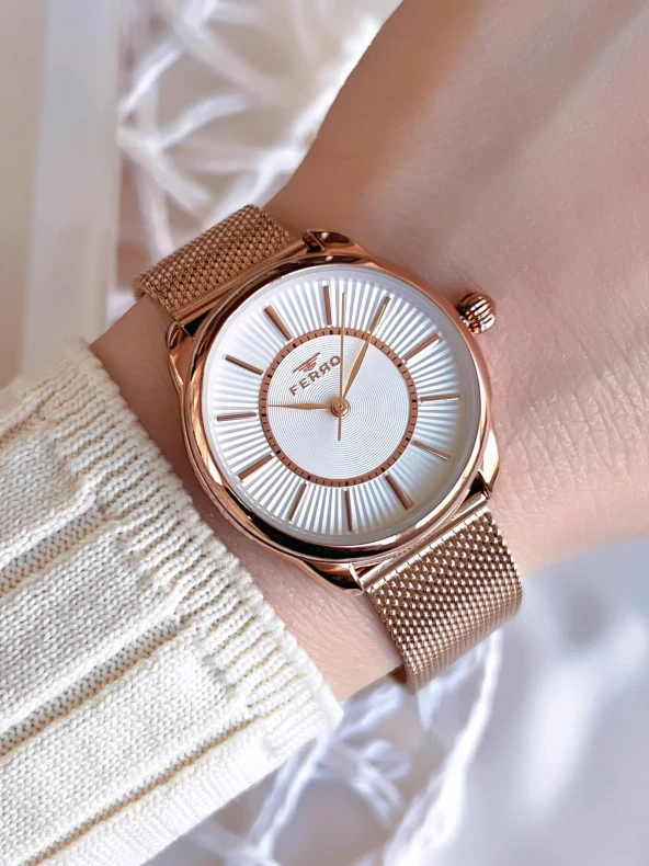 Ferro Hasır Kordonlu Rose Gold Kararmaz Renk Atmaz 3 Atm  Özel Tasarım Kadın Kol Saat 21152CWT-C ürün görseli 1
