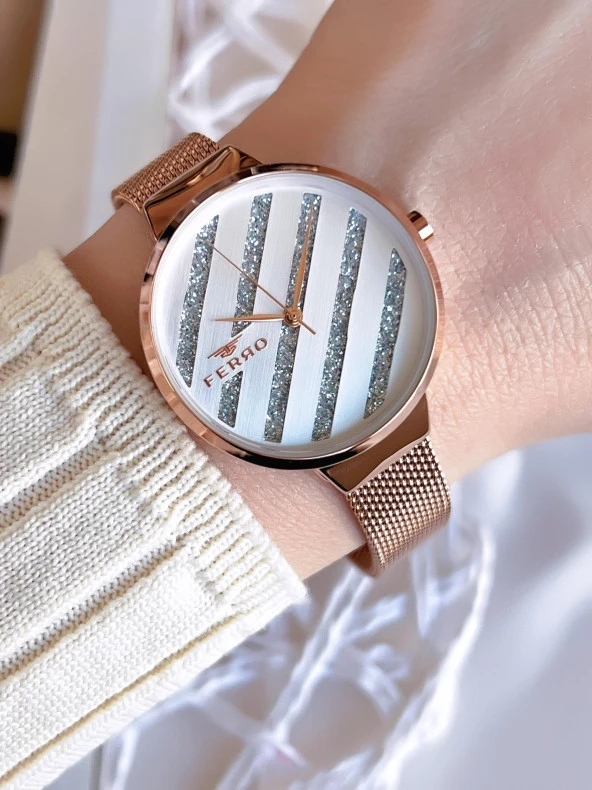 Ferro Hasır Kordonlu Rose Gold Kararmaz Renk Atmaz 3 Atm  Özel Tasarım Kadın Kol Saat BF21153CWT-C ürün görseli 1