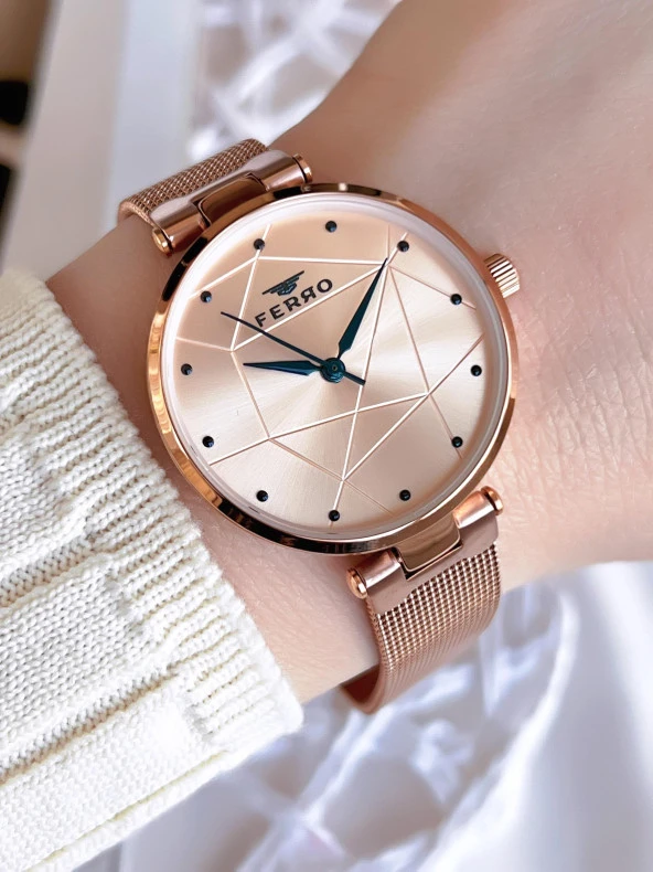 Ferro Hasır Kordonlu Rose Gold Kararmaz Renk Atmaz 3 Atm  Özel Tasarım Kadın Kol Saati BF40-087 ürün görseli 1