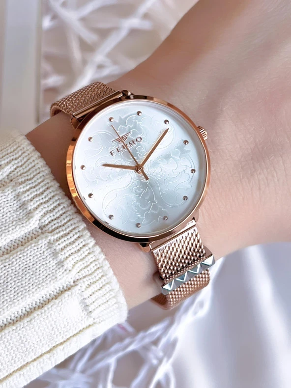 Ferro Hasır Kordonlu Rose Gold Kararmaz Renk Atmaz 3 Atm  Özel Tasarım Kadın Kol Saati BF21087CWT-C ürün görseli 1
