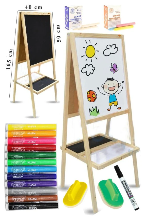 Ayaklı Yazı Tahtası Çift Taraflı 40x50cm 1 Adet 12 Renk Jumbo Keçeli Kalem Çocuk Yazı Tahtası Alıştırma Tahtası ürün görseli 1