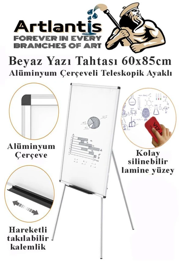 Ayaklı Yazı Tahtası Beyaz 60x85 cm Teleskobik Ayaklı 1 Adet Alüminyum Kolay Silinebilir Ergomik Beyaz Yazı Tahtası ürün görseli 1