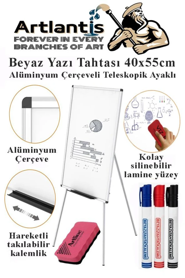 Ayaklı Beyaz Yazı Tahtası 40x55 cm Teleskobik Ayaklı 1 Adet Alüminyum Kolay Silinebilir Ergomik Beyaz Yazı Tahtası ürün görseli 1