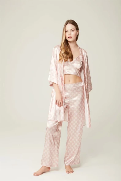 Pijama Takım Saten Sabahlık Büstiyer Pantolon Ashley Bigpoint - 3'lü Set ürün görseli 1