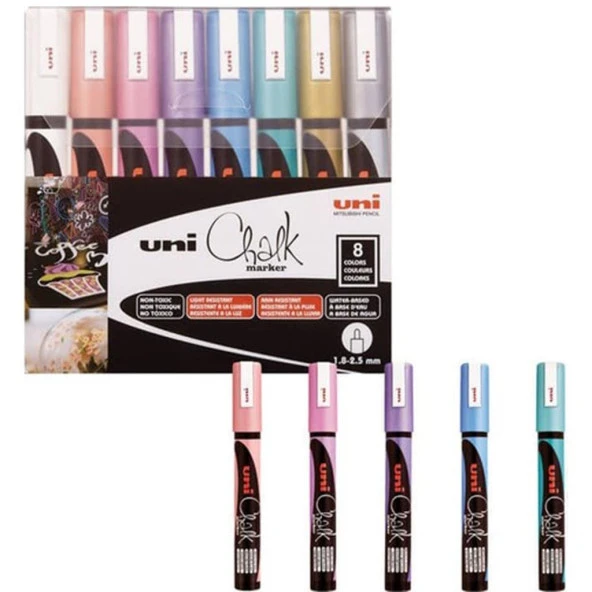 Uni-Ball CHALK 1.8-2.5 Su Bazlı Sıvı Tahta Markörü Metalik 8'Li PWE-5M/8C MC Set ürün görseli 1