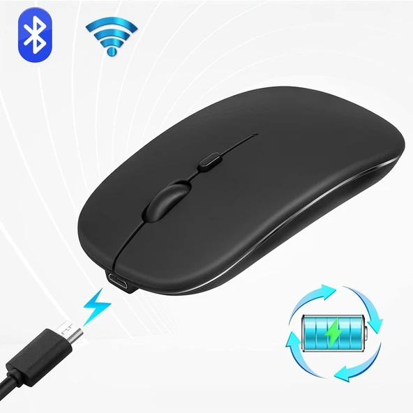 HyMark Sessiz Tıklama Şarjlı Çift Modlu Bluetooth Kablosuz 2.4Ghz Siyah Mouse ürün görseli 1