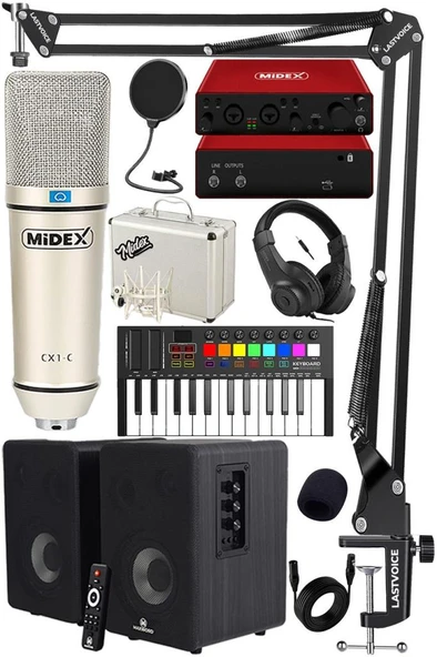 Midex İmpressive Paket-4 Stüdyo Ekipmanları Seti (Monitör Mikrofon Ses Kartı Kulaklık Midi Klavye) ürün görseli 1