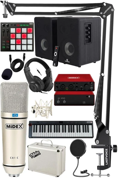 Midex İmpressive Paket-5 Stüdyo Ekipmanları Seti (Monitör Mikrofon Ses Kartı Kulaklık Midi Klavye Pad Controller) ürün görseli 1
