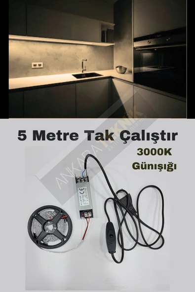 Mutfak Dolabı Için 5 Mt.  Şerit Led 12v Adaptör Aç Kapa Anahtarlı ürün görseli 1