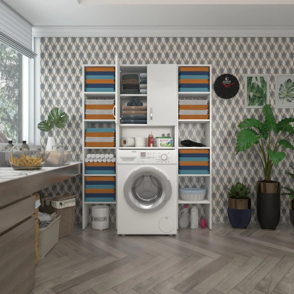 Kenzlife çamaşır makinesi dolabı sinemmaksduble byz 180*126*30 banyo kapaklı arkalıklı raflı ürün görseli 1