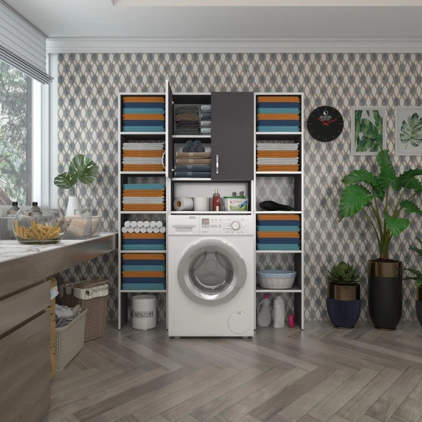 Kenzlife çamaşır makinesi dolabı sinemmaksduble gri 180*126*30 banyo kapaklı arkalıklı raflı ürün görseli 1