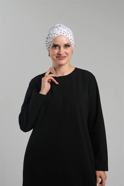 Beyaz Pratik Hazır Geçmeli Tesettür Bone Sandy Kumaş Taşlı 1456_42 ürün görseli 1