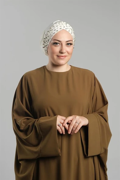 Krem Pratik Hazır Geçmeli Tesettür Bone Sandy Kumaş Taşlı 1456_40 ürün görseli 1