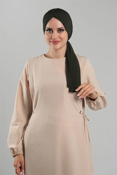 Haki Pratik Hazır Geçmeli Tesettür Bone Kesik Elyaf Sade 2111_09 ürün görseli 1
