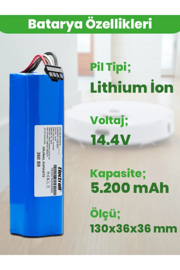 ELECTROLL 360 S9 Batarya (ORJİNAL KAPASİTE) 5200mah Pil Akıllı Robot Süpürge Batarya Değişimi ürün görseli 1