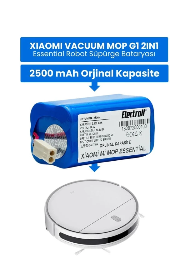 ELECTROLL Xiaomi Vacuum Mop G1 2in1 Essential Batarya (ORJİNAL KAPASİTE) Msjtg1 2.500mah Robot Süpürge Batarya ürün görseli 1