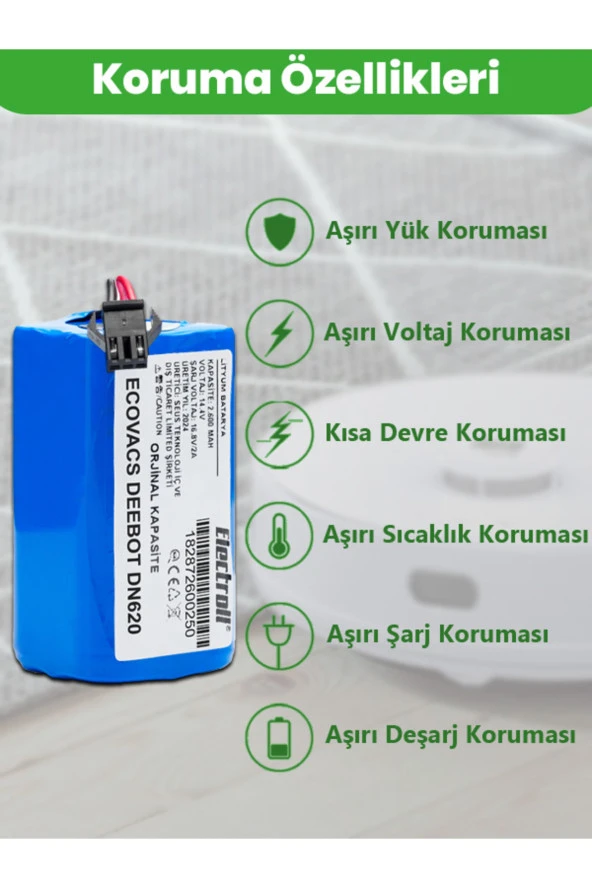 ELECTROLL Ecovacs Deebot Dn620 (ORJİNAL KAPASİTE) 2.600mAh Pil Akıllı Robot Süpürge Batarya Değişimi ürün görseli 1