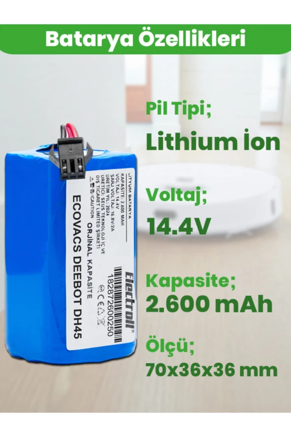 ELECTROLL Ecovacs Deebot Dh45 Batarya (ORJİNAL KAPASİTE) 2.600mah Pil Akıllı Robot Süpürge Batarya Değişimi ürün görseli 1