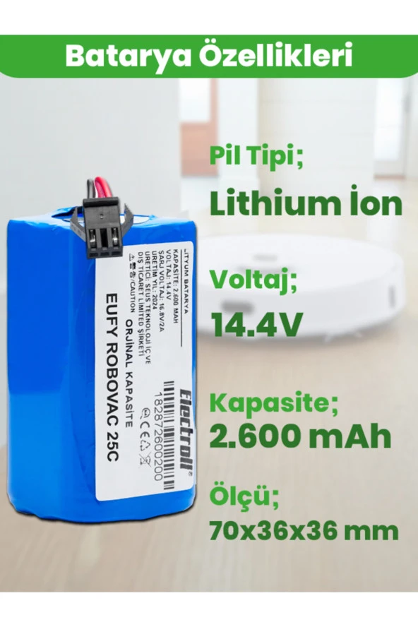 ELECTROLL Eufy Robovac 25c Batarya (ORJİNAL KAPASİTE) 2.600mah Pil Akıllı Robot Süpürge Batarya Değişimi ürün görseli 1