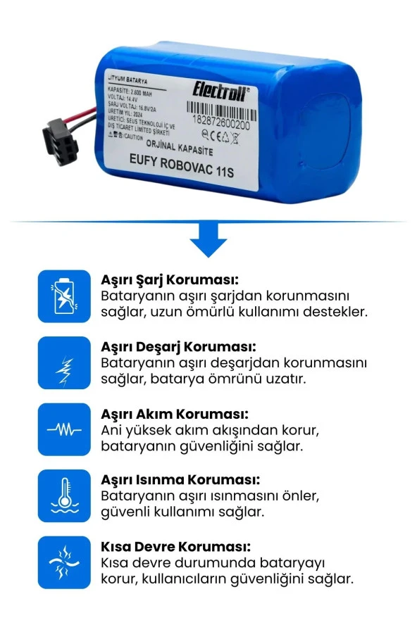 ELECTROLL Anker Eufy Robovac 11s Batarya (ORJİNAL KAPASİTE) Naccon 14.4v 2600mah Akıllı Robot Süpürge Pili ürün görseli 1