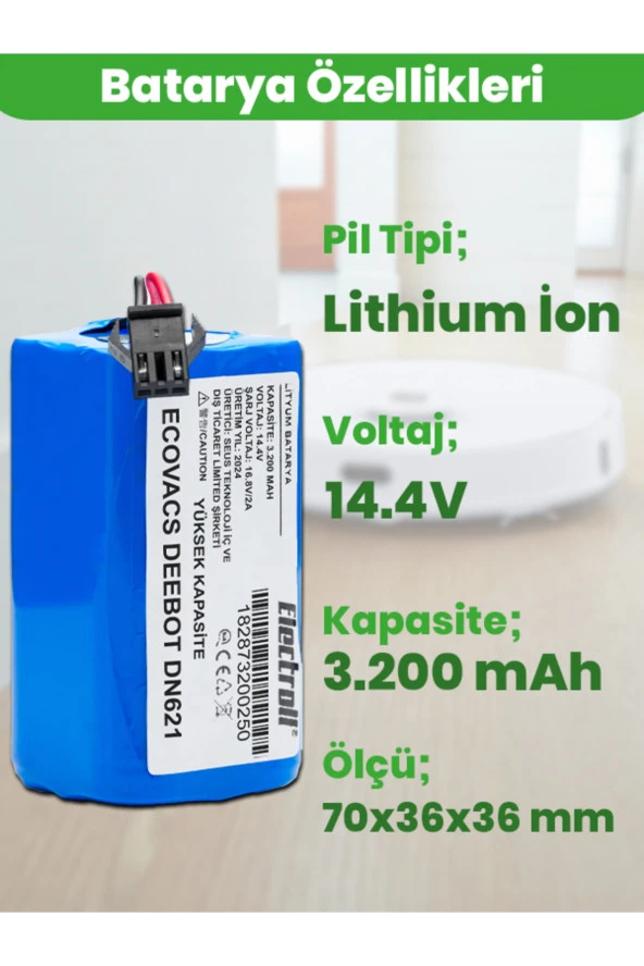 ELECTROLL Ecovacs Deebot Dn621 Batarya (YÜKSEK KAPASİTE) 3.200mah Pil Akıllı Robot Süpürge Batarya Değişimi ürün görseli 1