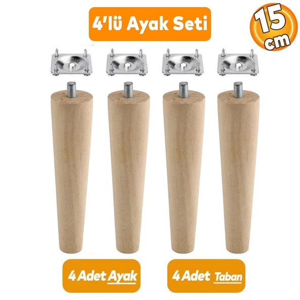 Ahşap Mobilya Koltuk Kanepe Sehpa Masa Ayağı Ayakları M8 Civatalı 15 cm + Bağlantı Aparatlı 4'lü Set ürün görseli 1