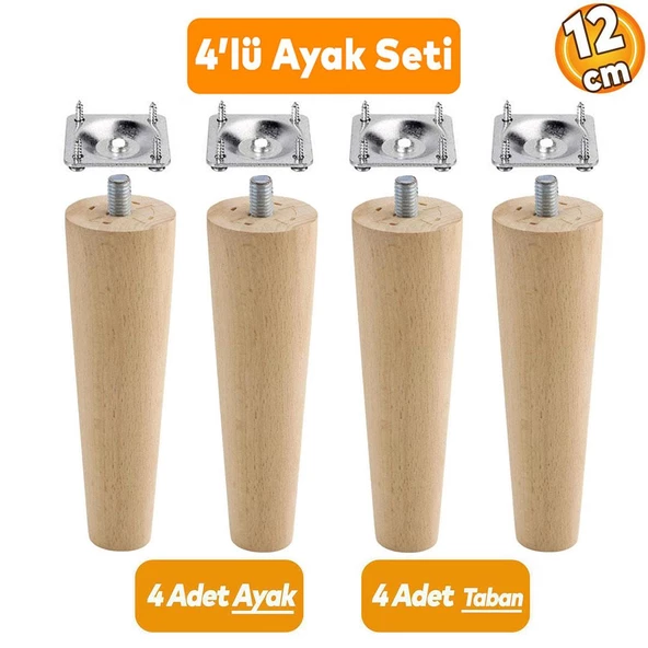 Ahşap Mobilya Koltuk Kanepe Sehpa Masa Ayağı Ayakları M8 Civatalı 12 cm + Bağlantı Aparatlı 4'lü Set ürün görseli 1
