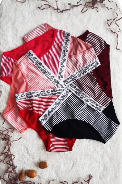 6 lı Kadın Çizgili Karışık Renk Pamuklu Bikini Külot With Love ürün görseli 1