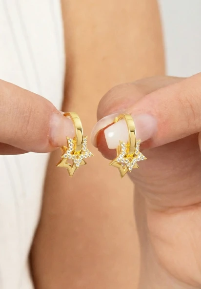 Gümüş Altın Yaldızlı Zirkon Taşlı Yıldız Sallantılı Halka Küpe SGTL11152GOLD ürün görseli 1
