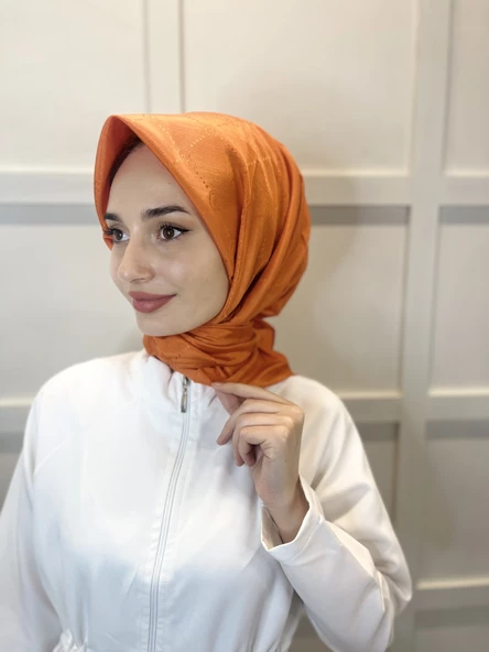 Jakarlı Monogram Eşarp, Piramit Monogram, Desenli Eşarp 01009  ORANGE - Resim 2