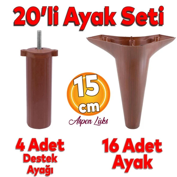 Aspen 20'li Set Lüks Mobilya Kanepe Koltuk TV Ünitesi Ayağı 15 cm Kahverengi Ayakları ürün görseli 1