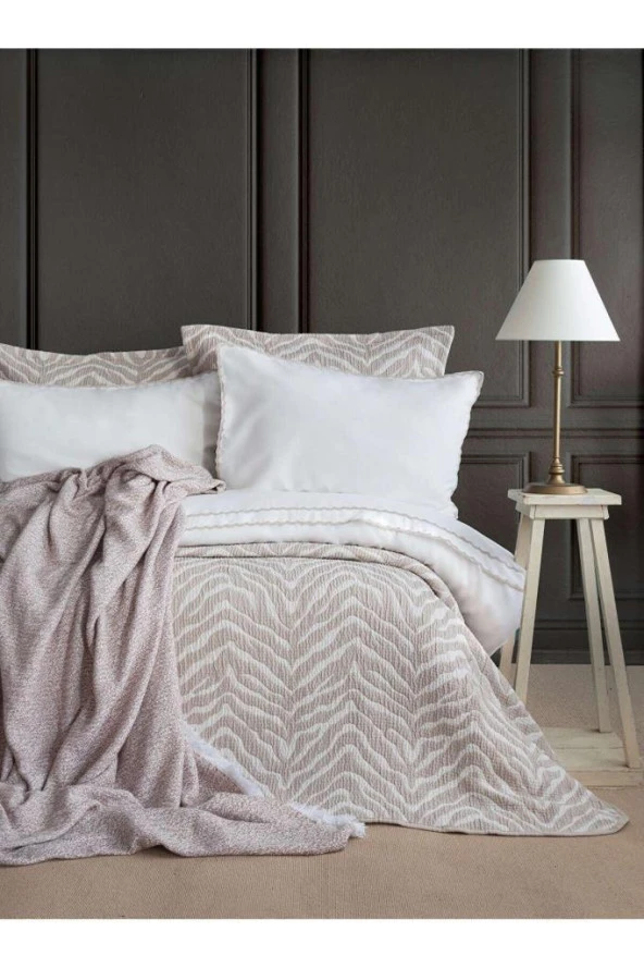 Apricitas Home Timeless Prime Set Londa Bej Çift Kişilik Battaniyeli Ve Yatak Örtülü %100 Pamuk N.takm ürün görseli 1