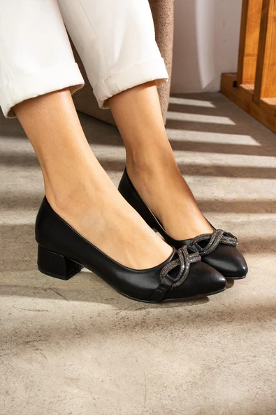 Albishoes Kadın Alçak Topuklu 4 cm Sivri Burun Fiyonk Taşlı Abiye Kadın Topuklu Ayakkabı (36-44) ürün görseli 1
