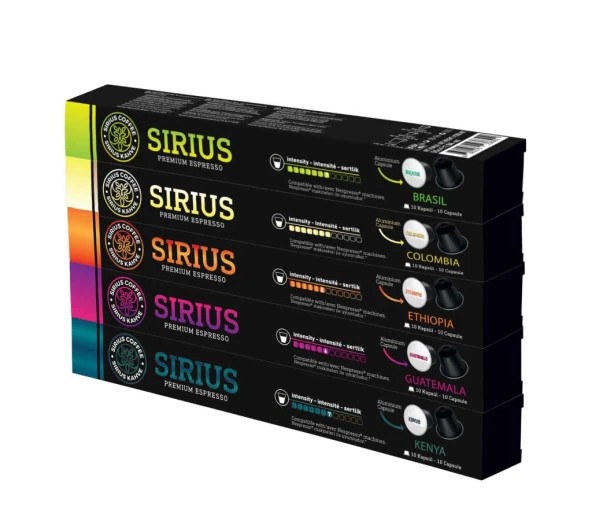 Sirius Nespresso Uyumlu Single Origin Kapsül Kahve 5'li Set (Ethiopia,Colombia,Guatemala,Kenya,Brasil)-50 Kapsül ürün görseli 1