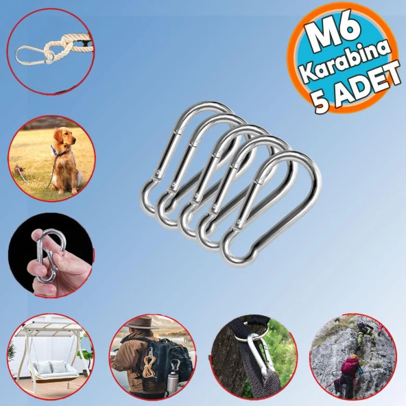 Karabina Yaylı Kanca Paslanmaz Çelik Kilit Olta Dağcılık Kamp Malzemeleri Salıncak (6 MM) 5 ADET ürün görseli 1