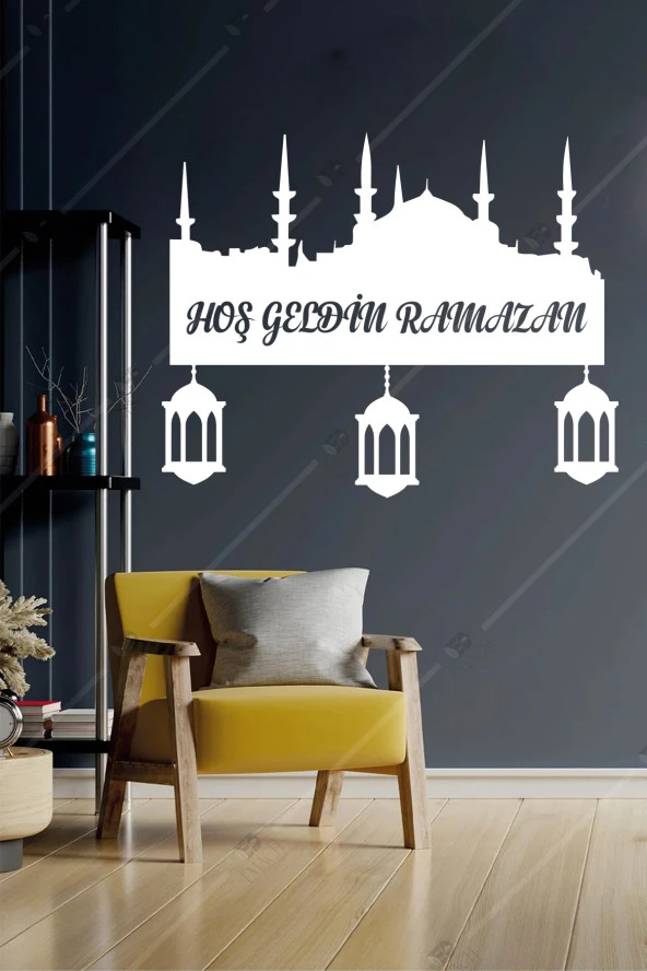 Hoşgeldin Ramazan Temalı Şamdanlı Ahşap Duvar Dekorasyonu - Kolay Montaj- 45x36 cm ürün görseli 1