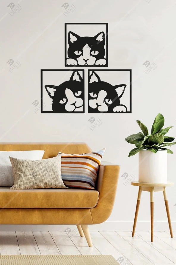 3'lü Sevimli Kedi Ahşap Duvar Dekoru Ve Tablosu 35x35 Cm - Çift Taraflı Bant Ile Kolay Montaj ürün görseli 1