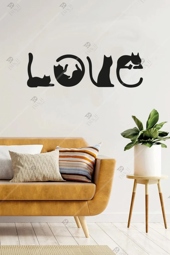 Kedi Figürlü Love Yazısı Ahşap Duvar Dekoru Tablo ürün görseli 1
