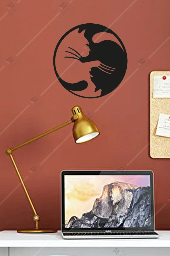 Yin Yang Kedi Temalı Ahşap Duvar Dekorasyonu Tablosu ürün görseli 1