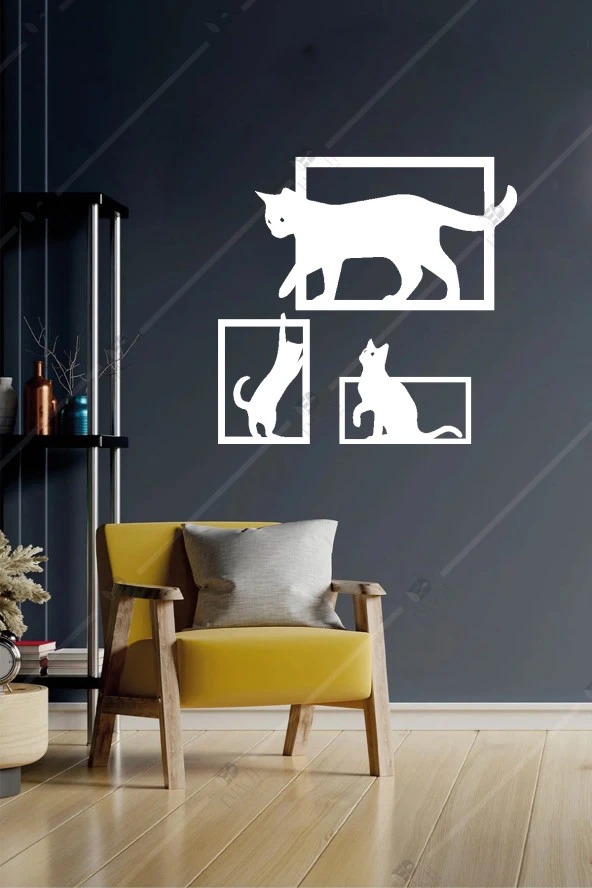 3'lü Kedi Temalı Ahşap Duvar Dekorasyonu Seti Ahşap Tablo ürün görseli 1