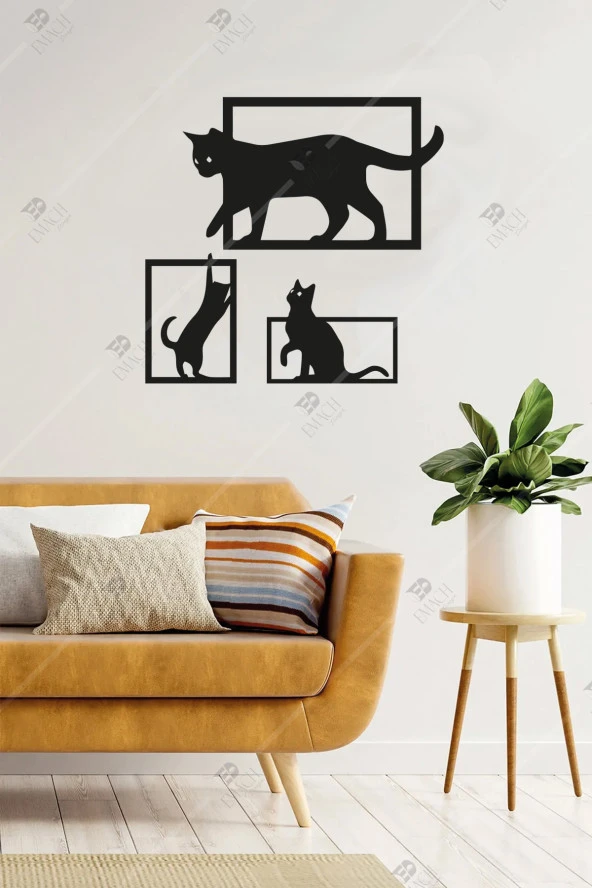 3'lü Kedi Temalı Ahşap Duvar Dekorasyonu Seti Ahşap Tablo ürün görseli 1