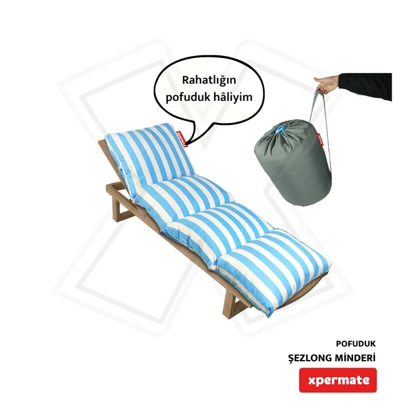 XPERMATE Pofuduk Şezlong Minderi 60x180x12Cm Su İtici,Katlanır,UV Güneş Dayanımı, Fermuar, Mavi Çizg ürün görseli 1